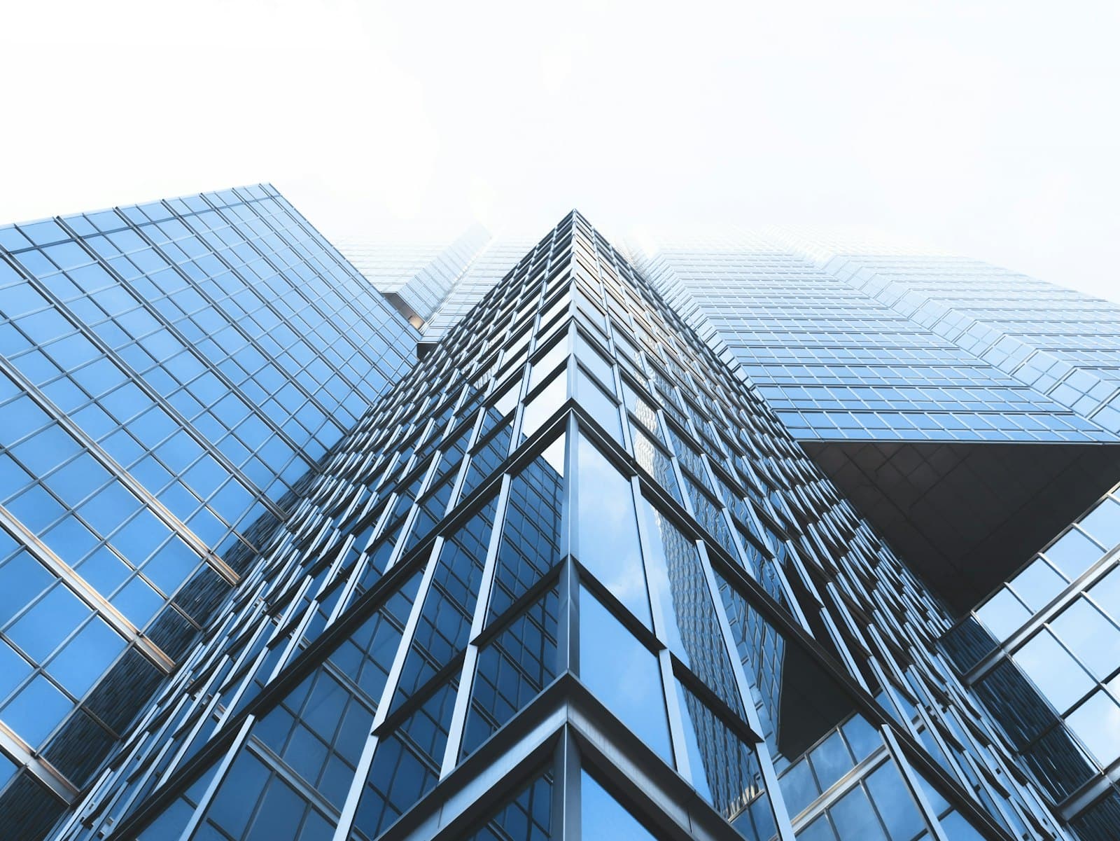 Glass office towers rising into a pale sky